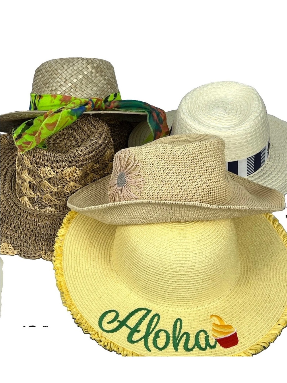 LOT OF 5 MULTI COLOR  STRAW HATS DISNEY SUN N SAND STAMION BRANDS ONE SIZE